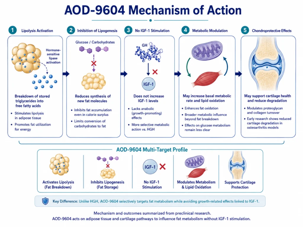 How does AOD-9604 work? Scientific infographic illustrating AOD-9604’s proposed mechanism of action, including activation of lipolysis, inhibition of lipogenesis, no increase in IGF-1, possible metabolic and lipid-oxidation effects, and potential cartilage protection.