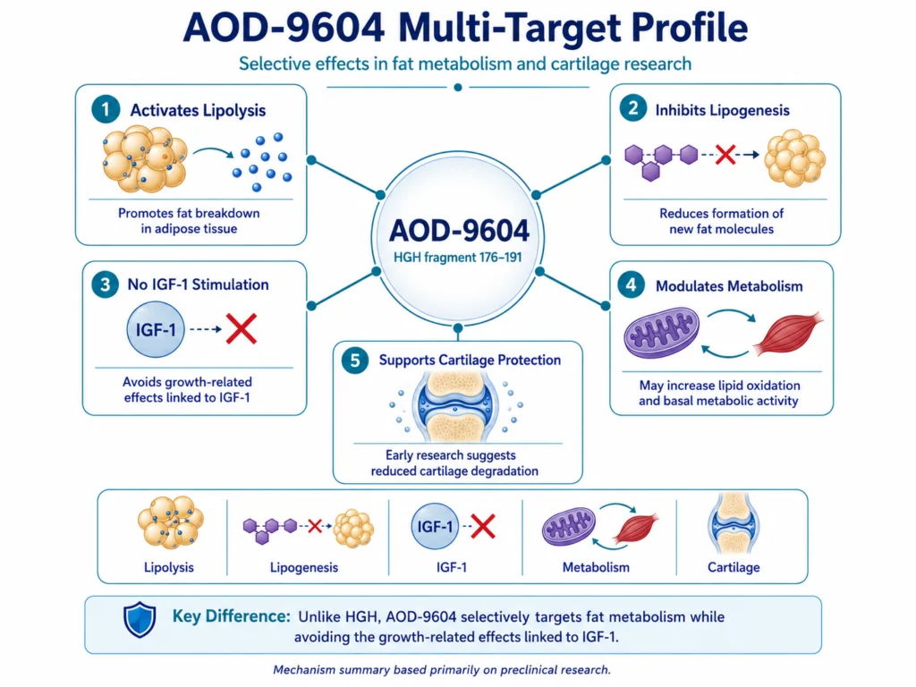 Infographic showing AOD-9604’s proposed multi-target profile, including increased fat breakdown, reduced fat formation, metabolic and lipid-oxidation effects, potential cartilage protection, and no IGF-1 stimulation.