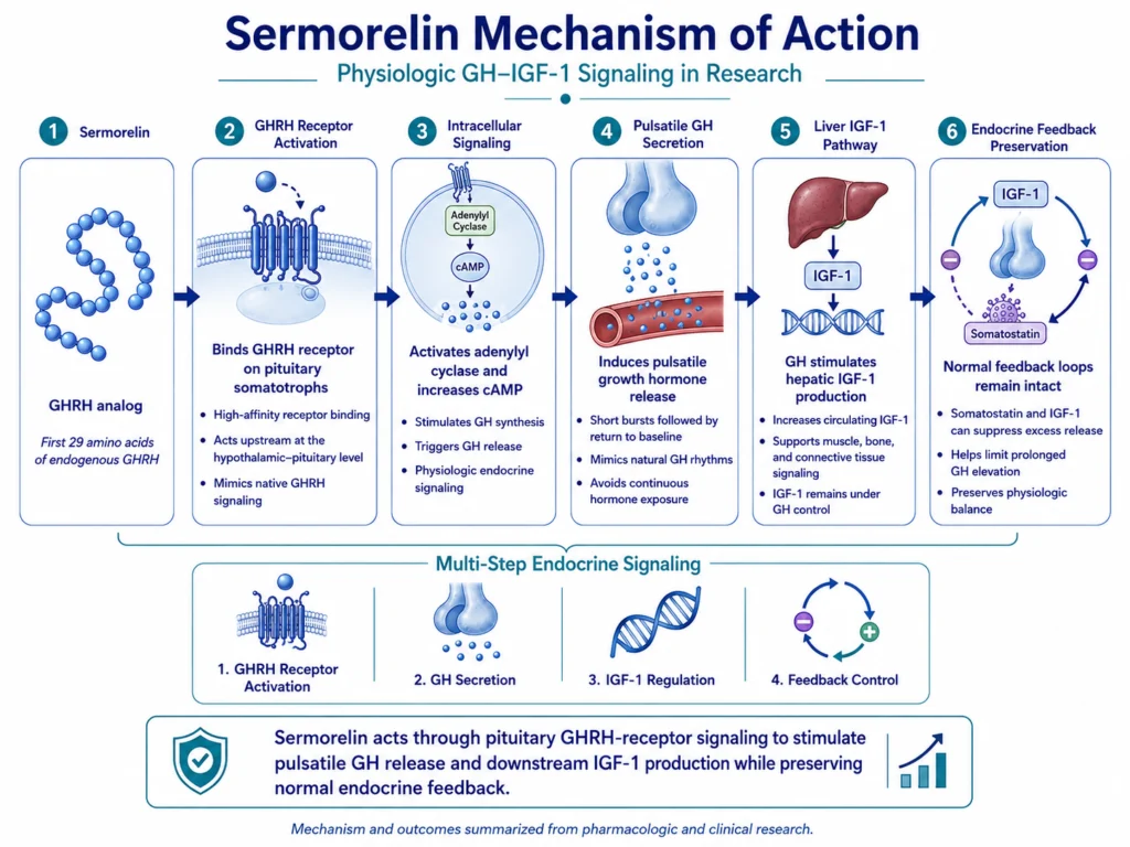 How does Sermorelin work? Scientific infographic showing Sermorelin binding to GHRH receptors on pituitary cells, activating adenylyl cyclase and cAMP signaling, triggering pulsatile growth hormone secretion, increasing liver IGF-1 production, and maintaining feedback control through IGF-1 and somatostatin.