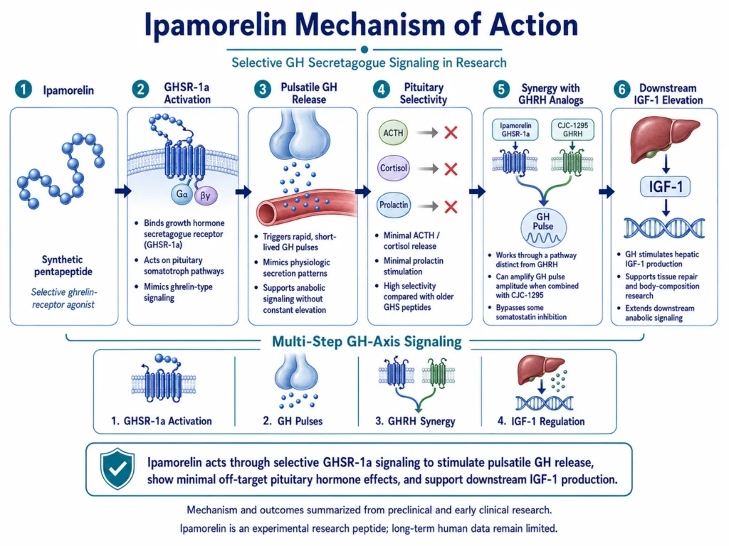 How does Ipamorelin work? Scientific infographic showing Ipamorelin binding to the GHSR-1a ghrelin receptor, triggering short growth hormone pulses, producing minimal off-target ACTH, cortisol, and prolactin release, working synergistically with GHRH analogs such as CJC-1295, and increasing downstream liver IGF-1 production.