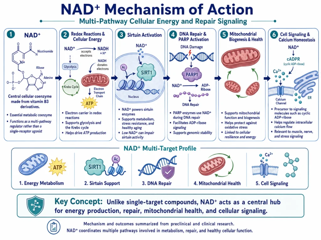 How does NAD⁺ work? Scientific infographic showing NAD⁺ acting as an electron carrier for ATP production, activating sirtuins, supporting PARP-mediated DNA repair, promoting mitochondrial function and biogenesis, and regulating calcium signaling through cyclic ADP-ribose.
