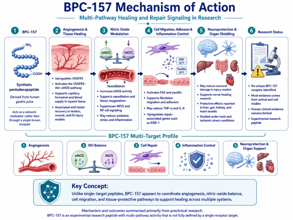 How does BPC-157 work? Scientific infographic illustrating BPC-157’s proposed multi-pathway mechanism, including VEGFR2-mediated angiogenesis, nitric oxide regulation through eNOS and iNOS, FAK- and paxillin-supported cell migration, inflammation control, and potential neuroprotective and organ-protective effects observed primarily in animal and cell research.