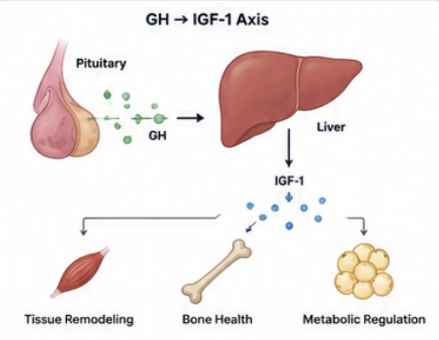 CJC-1295 research benefits diagram showing growth hormone release and liver IGF-1 production