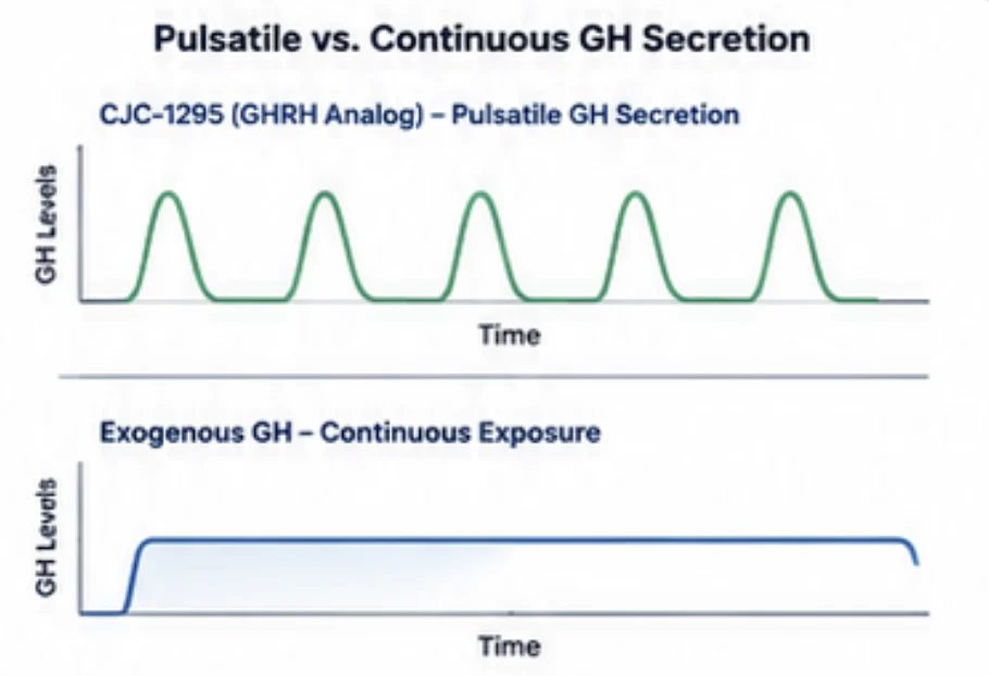 CJC-1295 benefits diagram showing pulsatile growth hormone secretion compared with continuous GH exposure