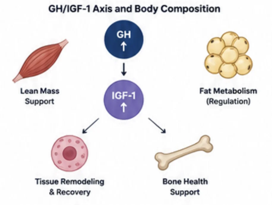 CJC-1295 research benefits diagram showing GH and IGF-1 effects on lean tissue, fat metabolism, and tissue remodeling