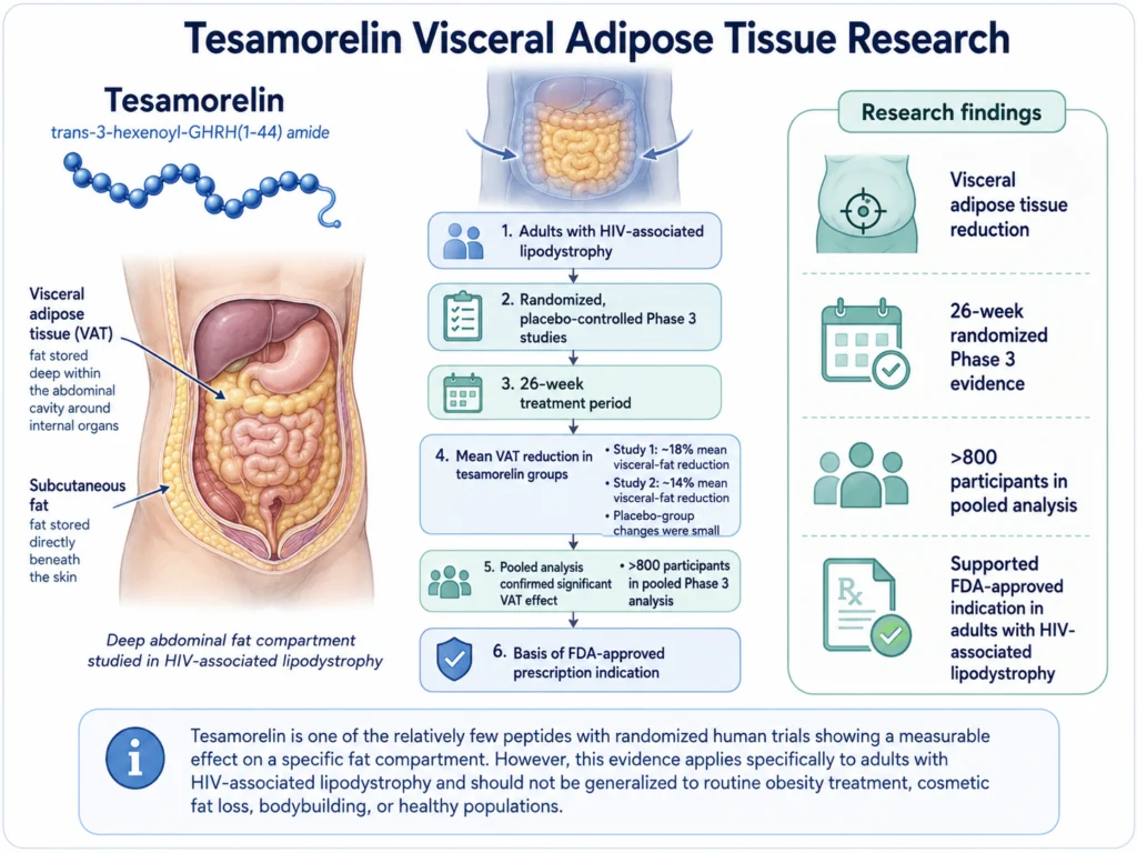 Tesamorelin visceral adipose tissue research infographic showing abdominal VAT, Phase 3 study findings, and mean VAT reductions in HIV-associated lipodystrophy studies.