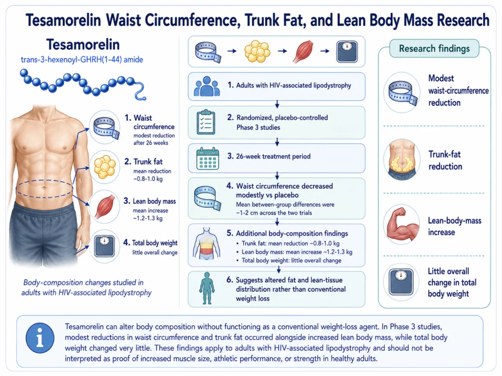 Tesamorelin body-composition research infographic showing waist circumference, trunk fat, lean body mass, and body weight findings.