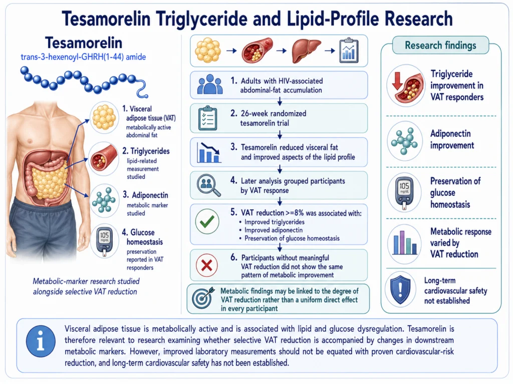 Tesamorelin lipid-profile research infographic showing triglyceride, adiponectin, glucose homeostasis, and VAT-response findings.