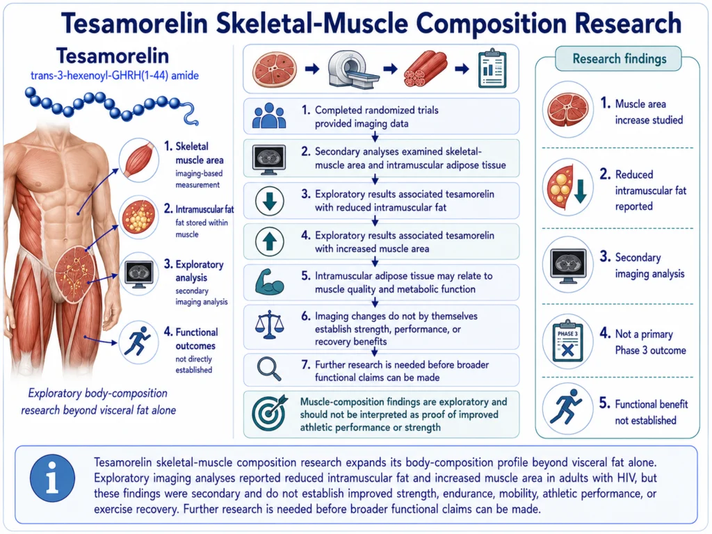 Tesamorelin skeletal-muscle research infographic showing intramuscular fat, muscle-area, imaging-analysis, and functional-outcome findings.
