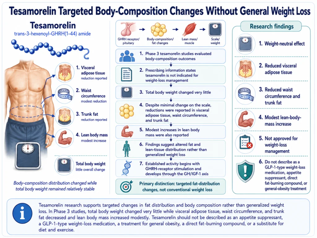 Tesamorelin body-composition infographic showing targeted fat-distribution changes without general weight loss.