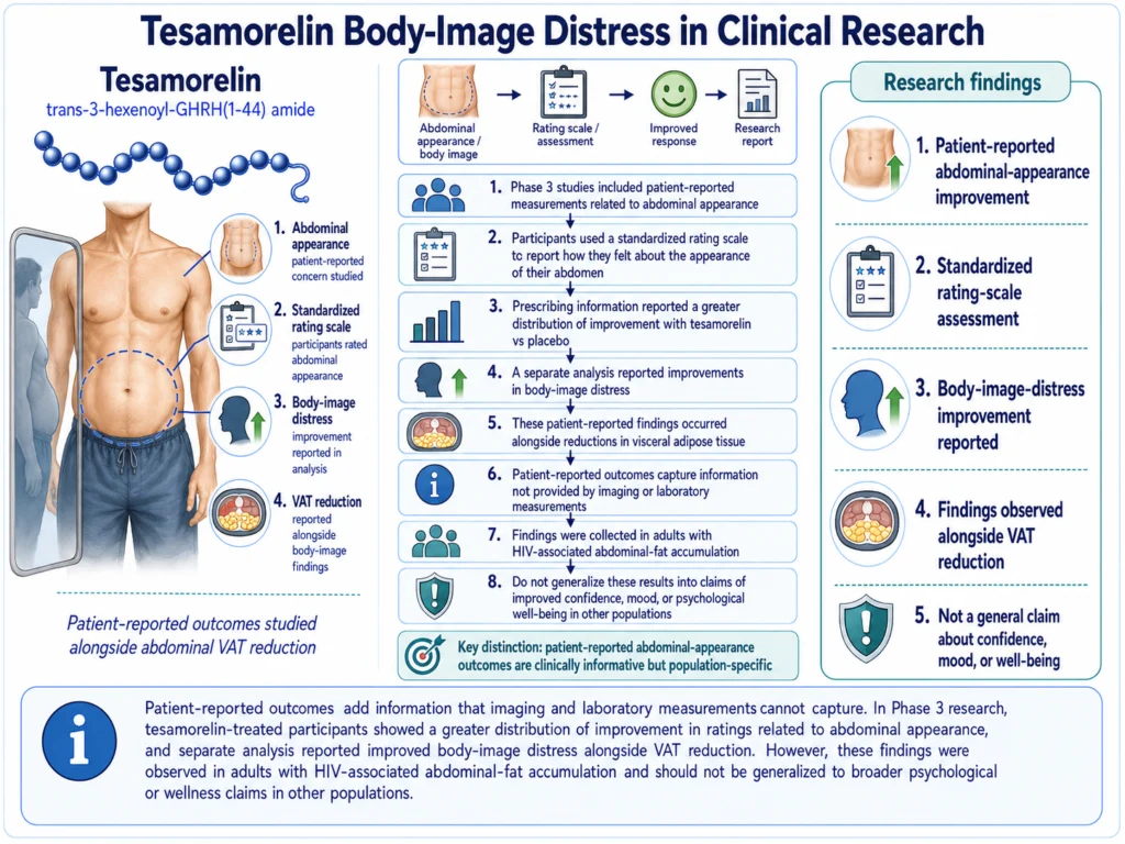 Tesamorelin body-image distress infographic showing patient-reported abdominal appearance, VAT reduction, and standardized rating-scale findings.
