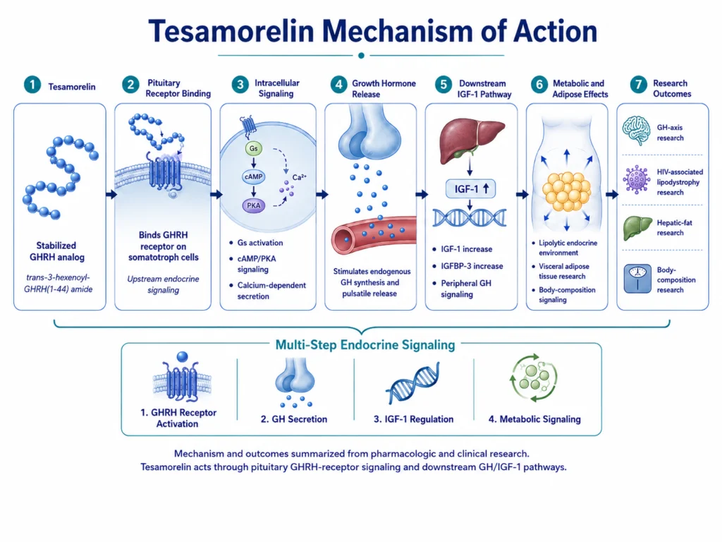 Tesamorelin mechanism of action infographic showing GHRH receptor binding, intracellular cAMP/PKA signaling, endogenous growth hormone release, downstream IGF-1 pathways, and metabolic research outcomes.